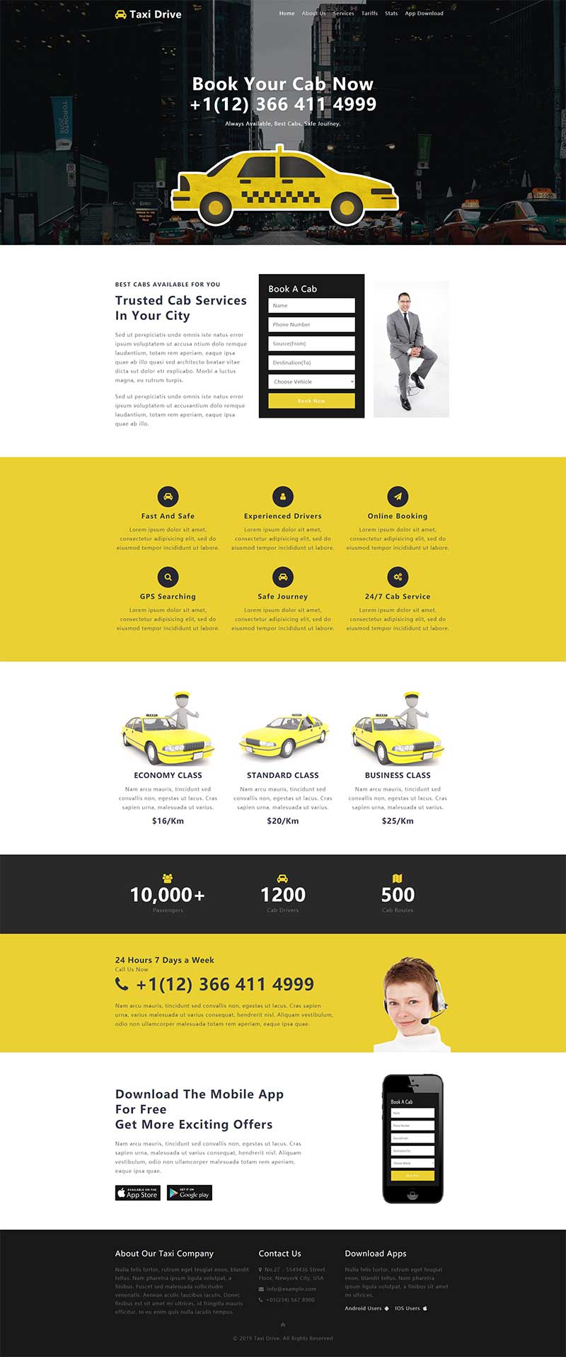 黄色出租车服务网站单页html响应式网页模板